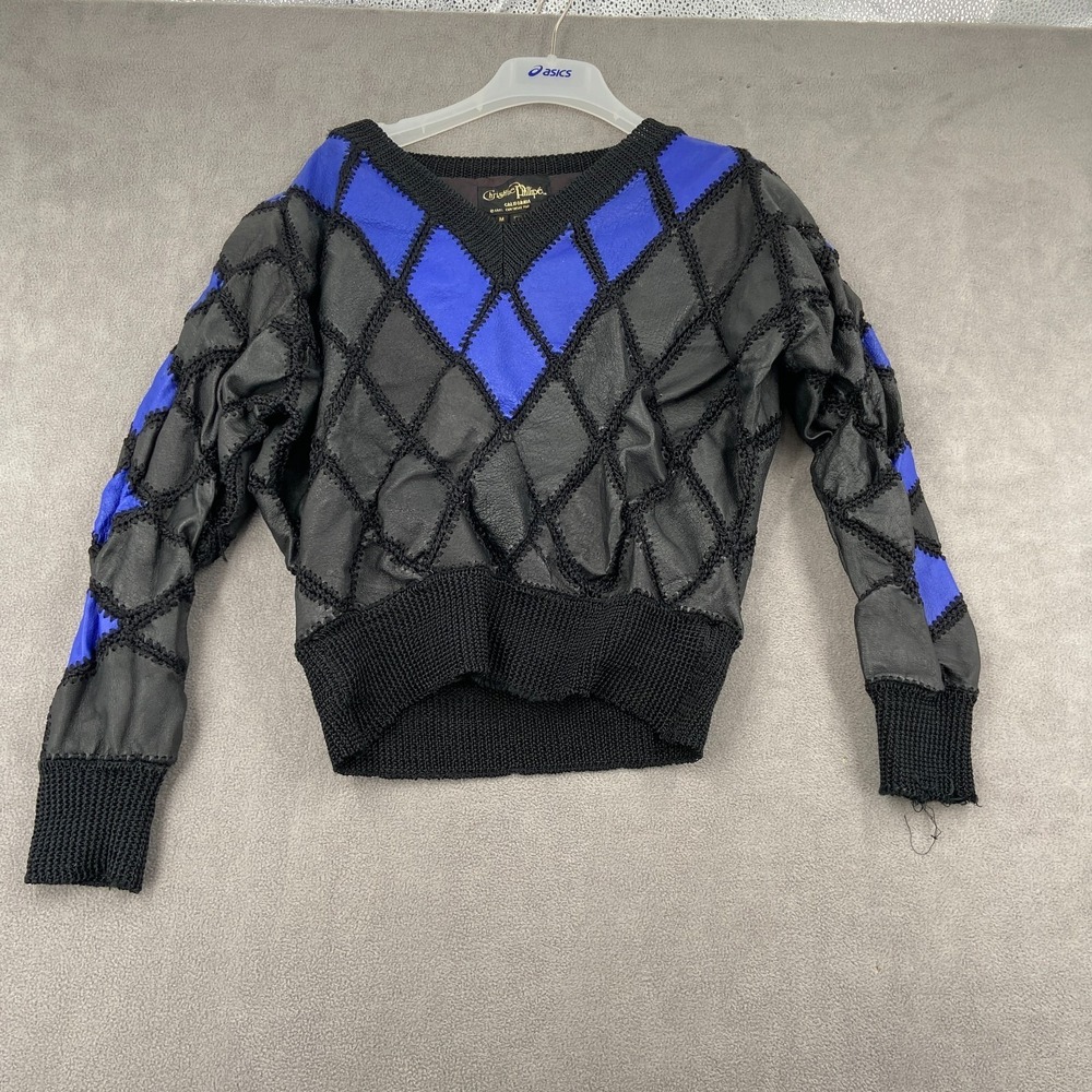 Vintage Christine Phillipe Leather Sweater Womens M Blue Black Crochet Patchwork